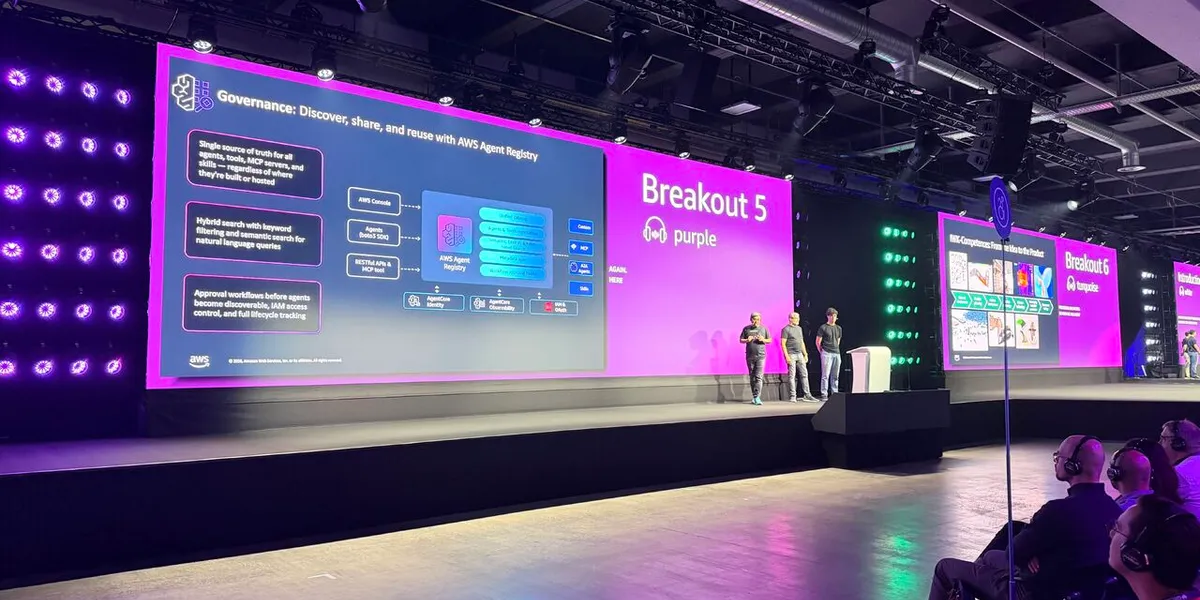 Alejandro Morcillo, Alberto Antoñanzas and Pinaki Banerjee presenting session AIM302 on agentic AI in production at AWS Summit Zurich 2026, with the AWS Agent Registry governance slide on the purple-lit stage screen and the audience in the foreground