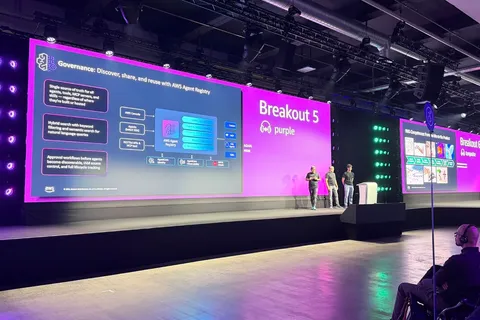 Alejandro Morcillo, Alberto Antoñanzas and Pinaki Banerjee presenting session AIM302 on agentic AI in production at AWS Summit Zurich 2026, with the AWS Agent Registry governance slide on the purple-lit stage screen and the audience in the foreground