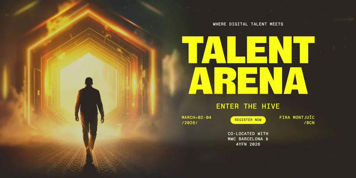 Mobile World Congress Talent Arena 2026 stage with AI and healthcare innovation theme